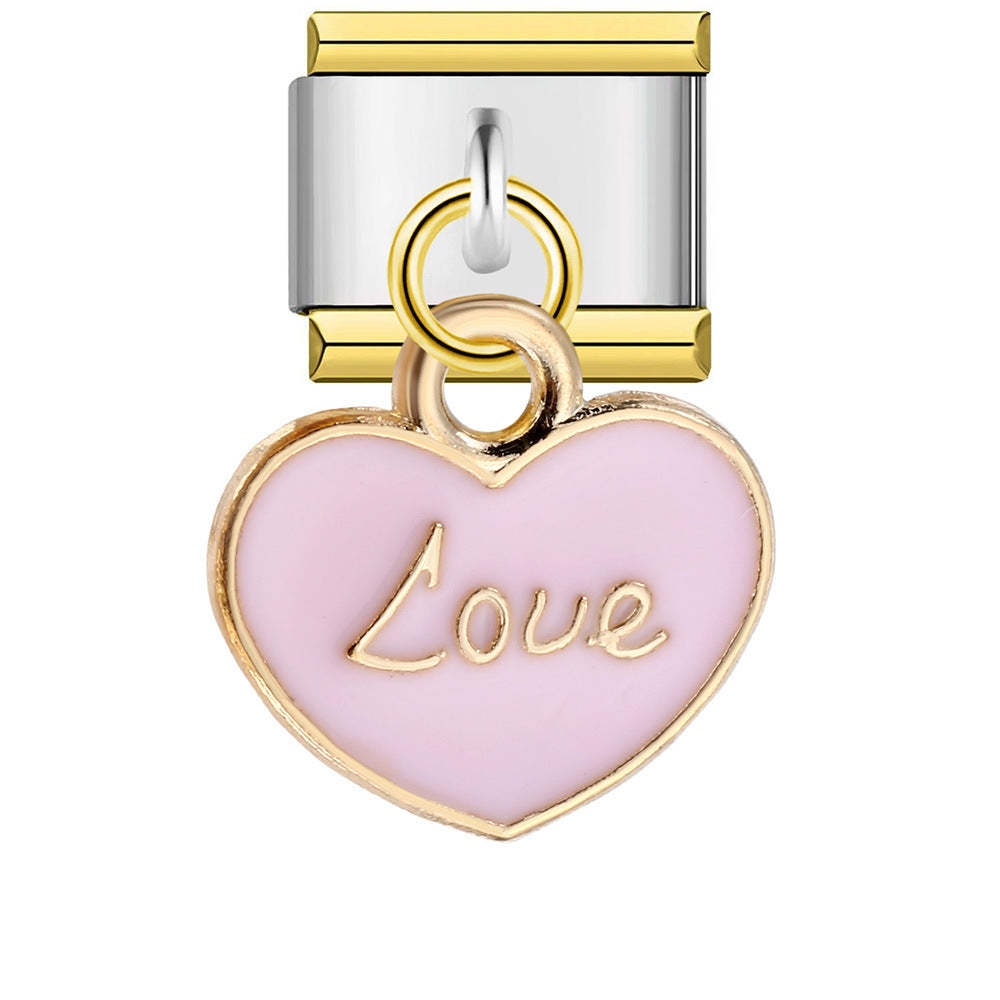 Pendentif Coeur D'amour Rose Bord Doré Breloque Italienne Pour Bracelets À Breloques Italiens Lien Composable - votrecollierprenomfr