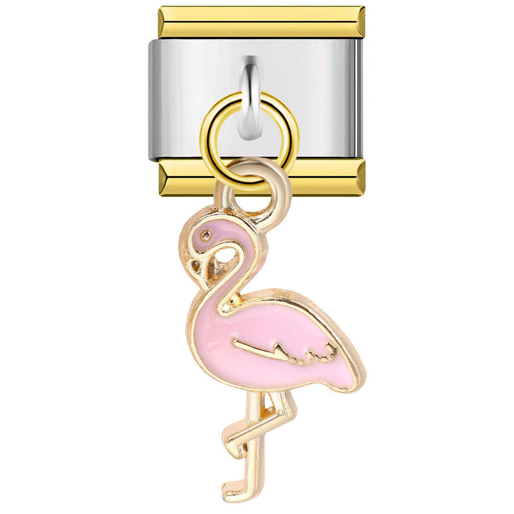 Pendentif Flamant Rose Bord Doré Charm Italien Pour Bracelets À Breloques Italiens Lien Composable - votrecollierprenomfr