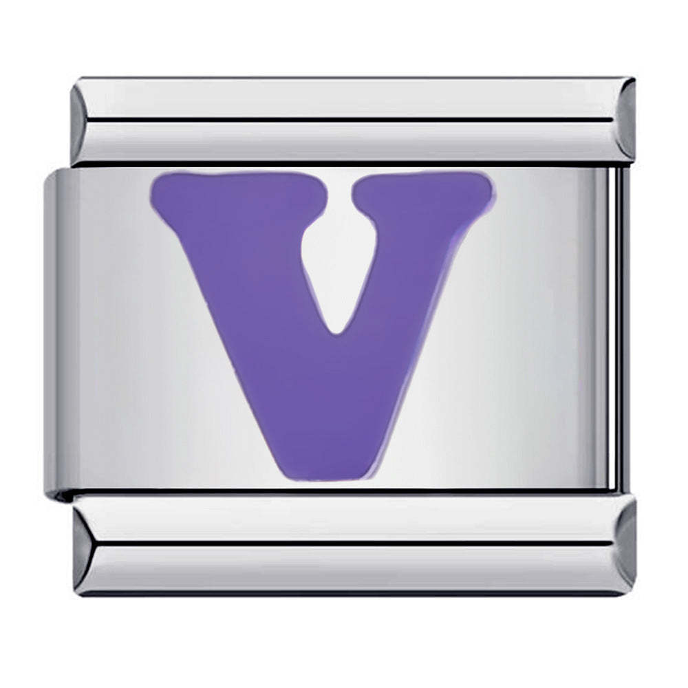 Charm Italien Lettre V Violet Pour Bracelets À Breloques Italiens Lien Composable - votrecollierprenomfr