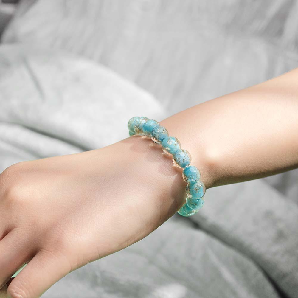 Bracelet De Perles Extensibles En Verre Luciole Bleu-vert, Brille Dans Le Noir, Lumineux - votrecollierprenomfr