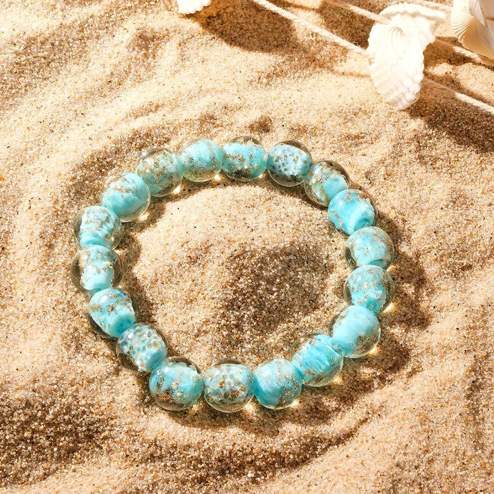 Bracelet De Perles Extensibles En Verre Luciole Bleu-vert, Brille Dans Le Noir, Lumineux - votrecollierprenomfr