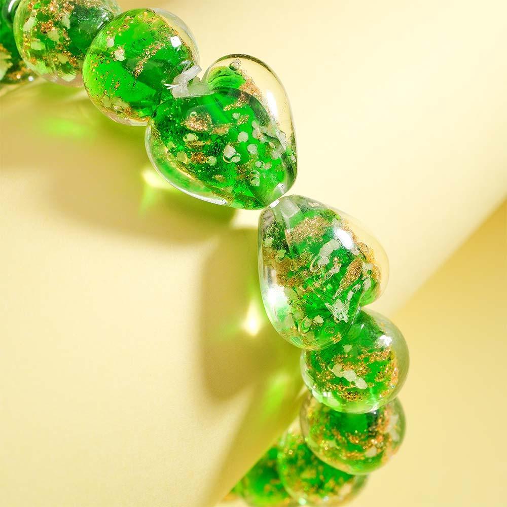 Bracelet De Perles Extensibles En Verre Luciole Cœur À Cœur Vert Herbe, Brille Dans Le Noir, Lumineux - votrecollierprenomfr