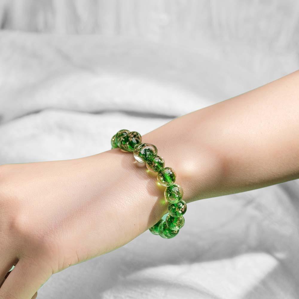 Bracelet De Perles Extensibles En Verre Luciole Cœur À Cœur Vert Herbe, Brille Dans Le Noir, Lumineux - votrecollierprenomfr