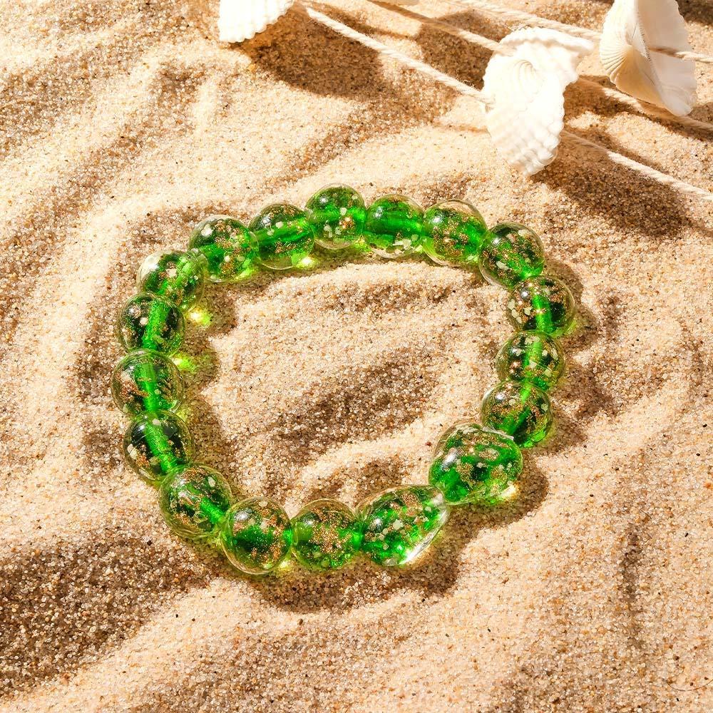 Bracelet De Perles Extensibles En Verre Luciole Cœur À Cœur Vert Herbe, Brille Dans Le Noir, Lumineux - votrecollierprenomfr