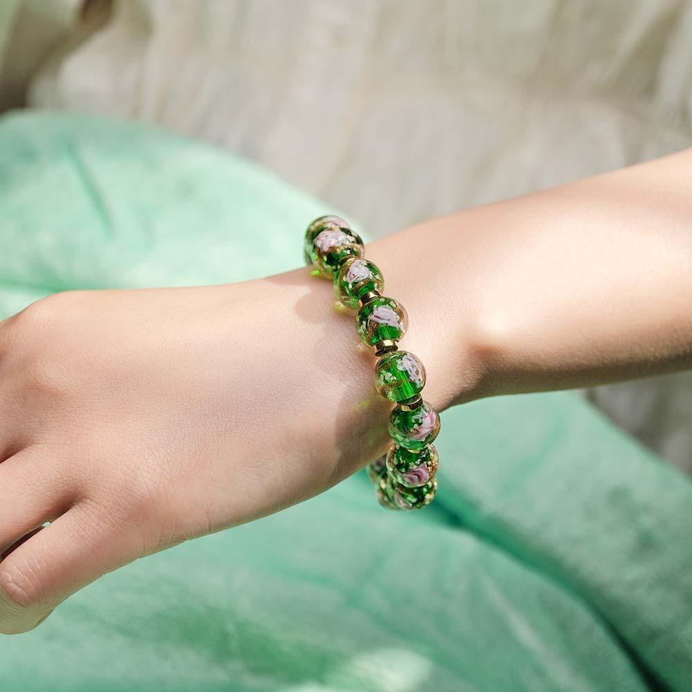 Bracelet De Perles Extensibles En Verre Luciole Vert Avec Fleurs, Brille Dans Le Noir, Lumineux - votrecollierprenomfr
