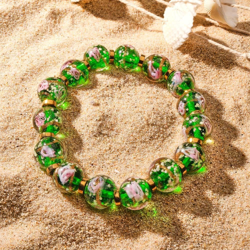 Bracelet De Perles Extensibles En Verre Luciole Vert Avec Fleurs, Brille Dans Le Noir, Lumineux - votrecollierprenomfr