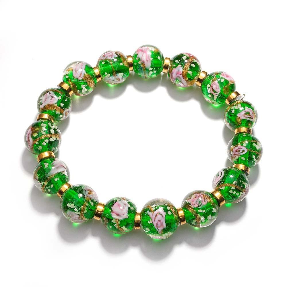 Bracelet De Perles Extensibles En Verre Luciole Vert Avec Fleurs, Brille Dans Le Noir, Lumineux - votrecollierprenomfr