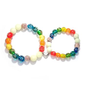 Bracelet De Perles Extensibles En Verre Luciole Pour Couple Arc-en-ciel, Brille Dans Le Noir, Lumineux - votrecollierprenomfr