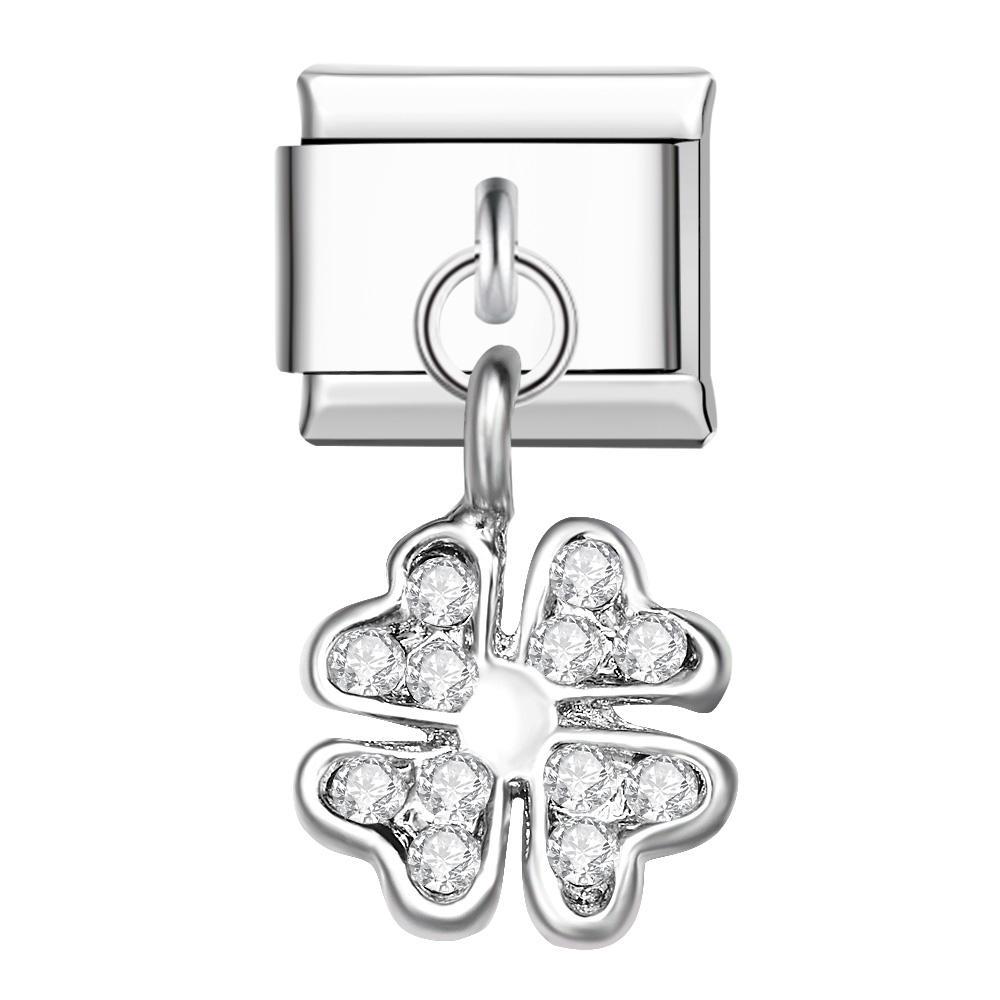 Charm Italien Trèfle À Quatre Feuilles En Platine Pour Bracelets À Charms Italiens Lien Composable - votrecollierprenomfr