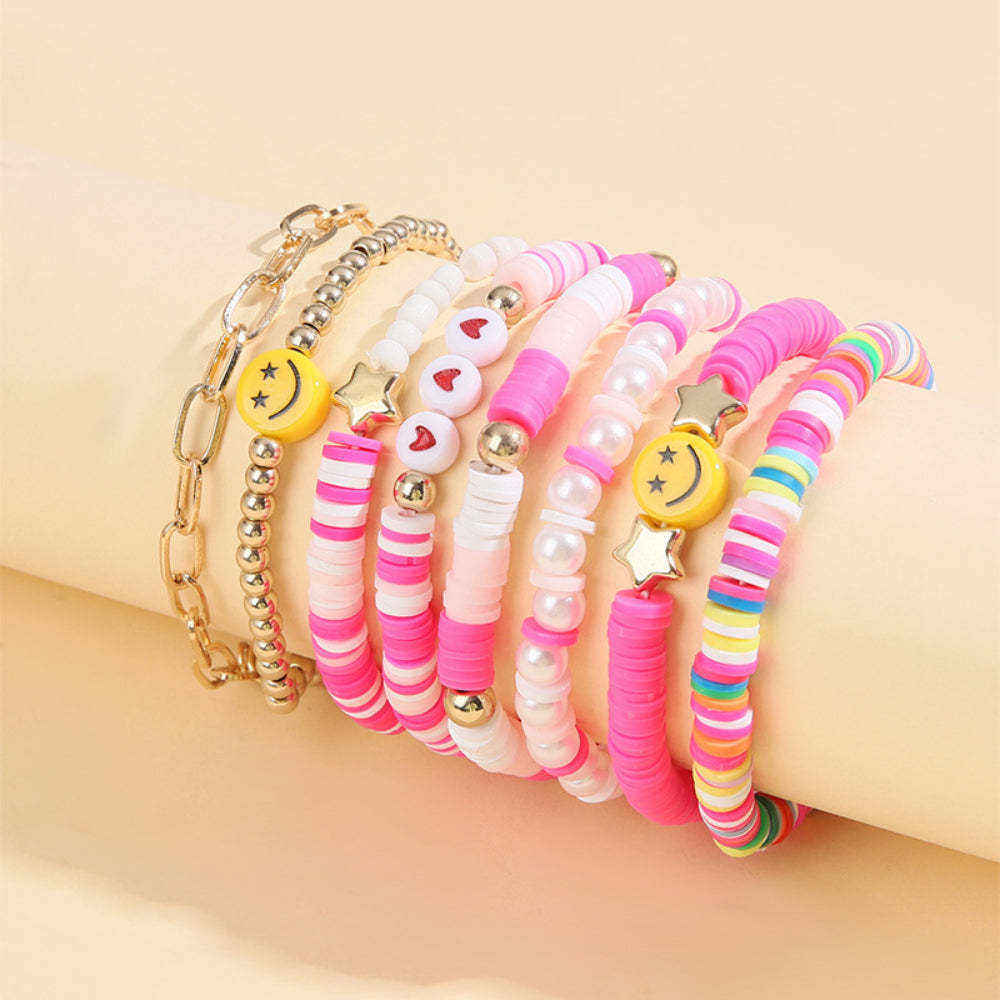 Ensemble De Bracelets Preppy En Argile Douce, Bijoux Bohèmes Superposés Pour Elle - votrecollierprenomfr