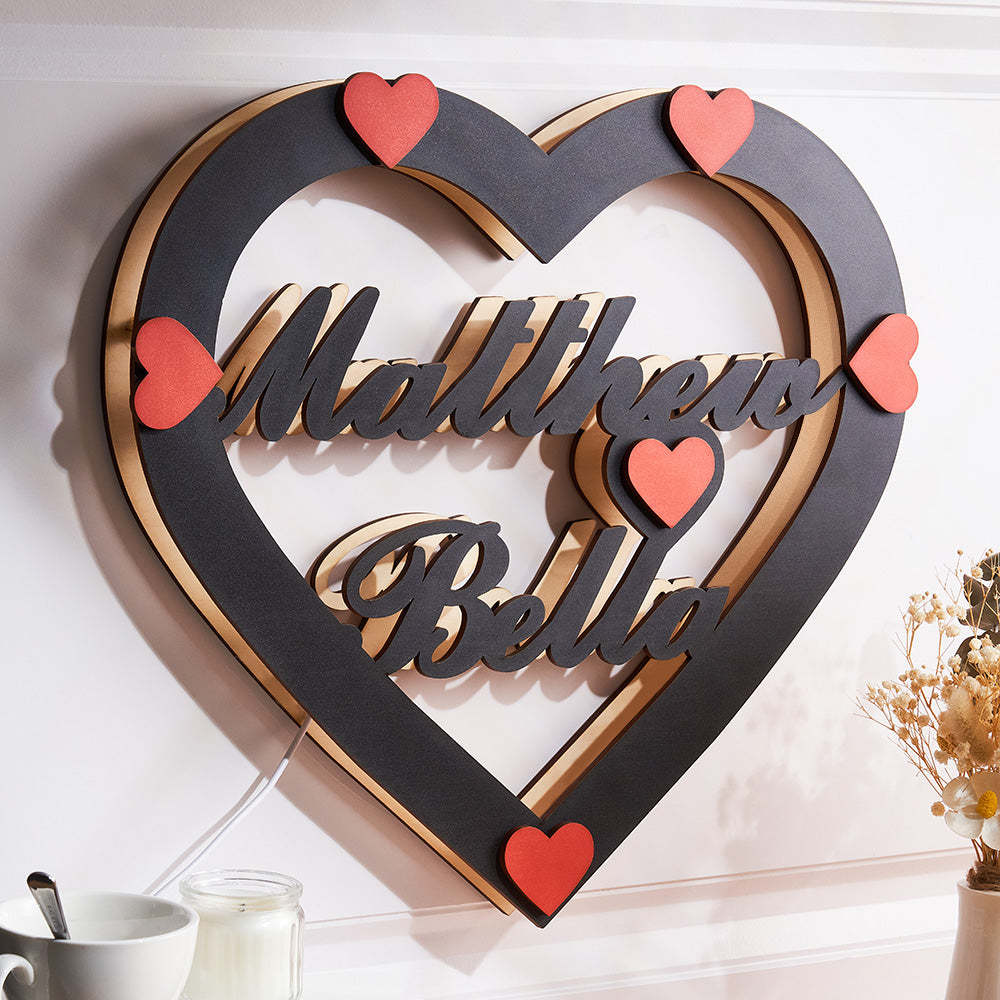 Nom Personnalisé Coeur Rouge Veilleuse Romantique Tenture Murale Lumière Led Cadeaux Pour Les Couples - votrecollierprenomfr