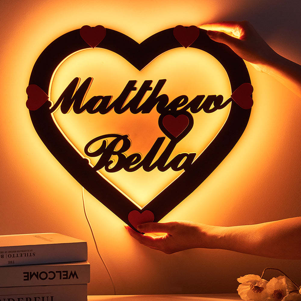 Nom Personnalisé Coeur Rouge Veilleuse Romantique Tenture Murale Lumière Led Cadeaux Pour Les Couples - votrecollierprenomfr