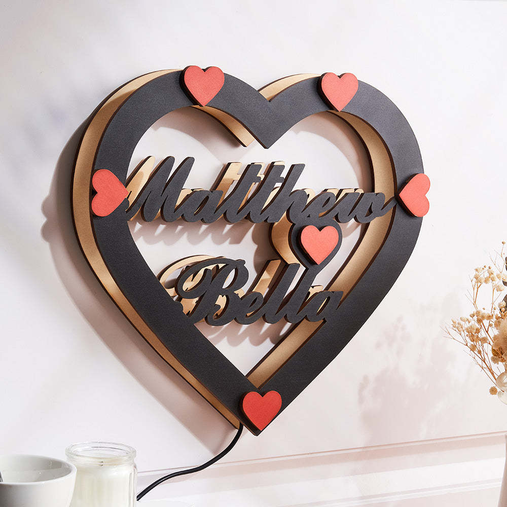 Nom Personnalisé Coeur Rouge Veilleuse Romantique Tenture Murale Lumière Led Cadeaux Pour Les Couples - votrecollierprenomfr
