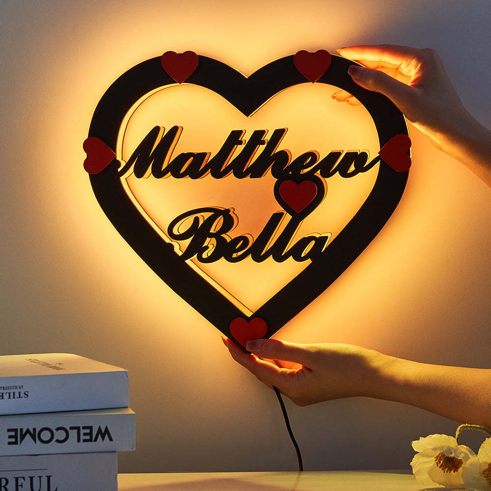 Nom Personnalisé Coeur Rouge Veilleuse Romantique Tenture Murale Lumière Led Cadeaux Pour Les Couples - votrecollierprenomfr