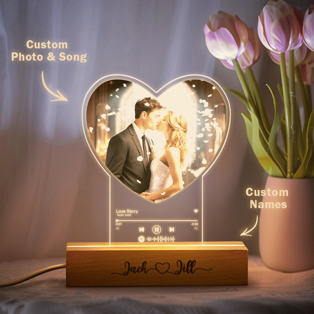 Lampe Acrylique En Forme De Cœur Avec Photo Personnalisée, Veilleuse Personnalisée Avec Base En Bois Gravé, Cadeau Pour Couple - votrecollierprenomfr