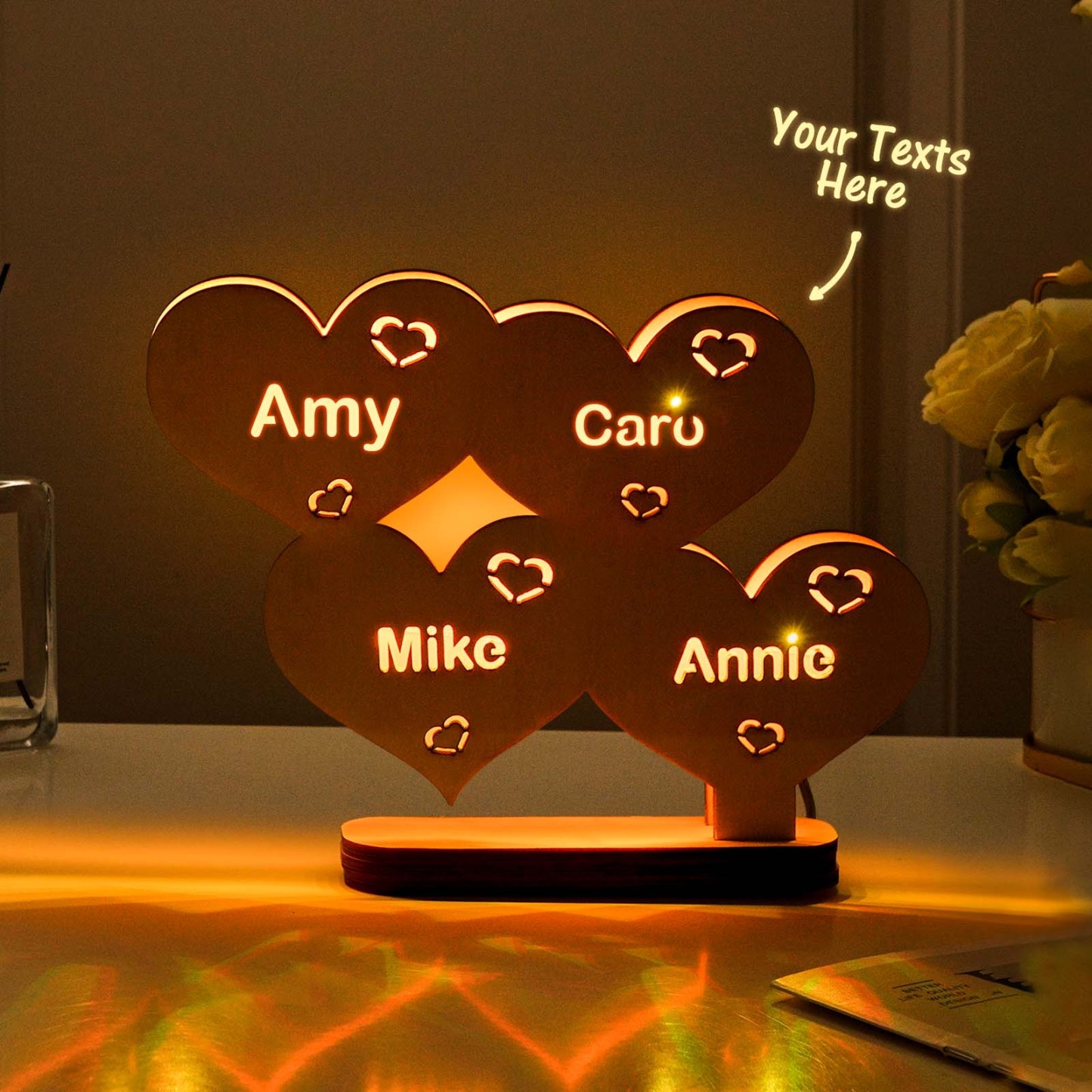 Lampe En Forme De Cœur En Bois Avec Nom Personnalisé, Décoration De Maison, Cadeaux De Réchauffement De La Maison - votrecollierprenomfr