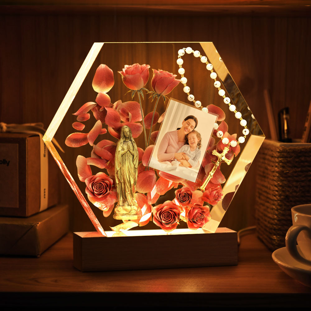 Cadeaux De Lampe Époxy Rose Tridimensionnelle De Veilleuse Photo Personnalisée - votrecollierprenomfr