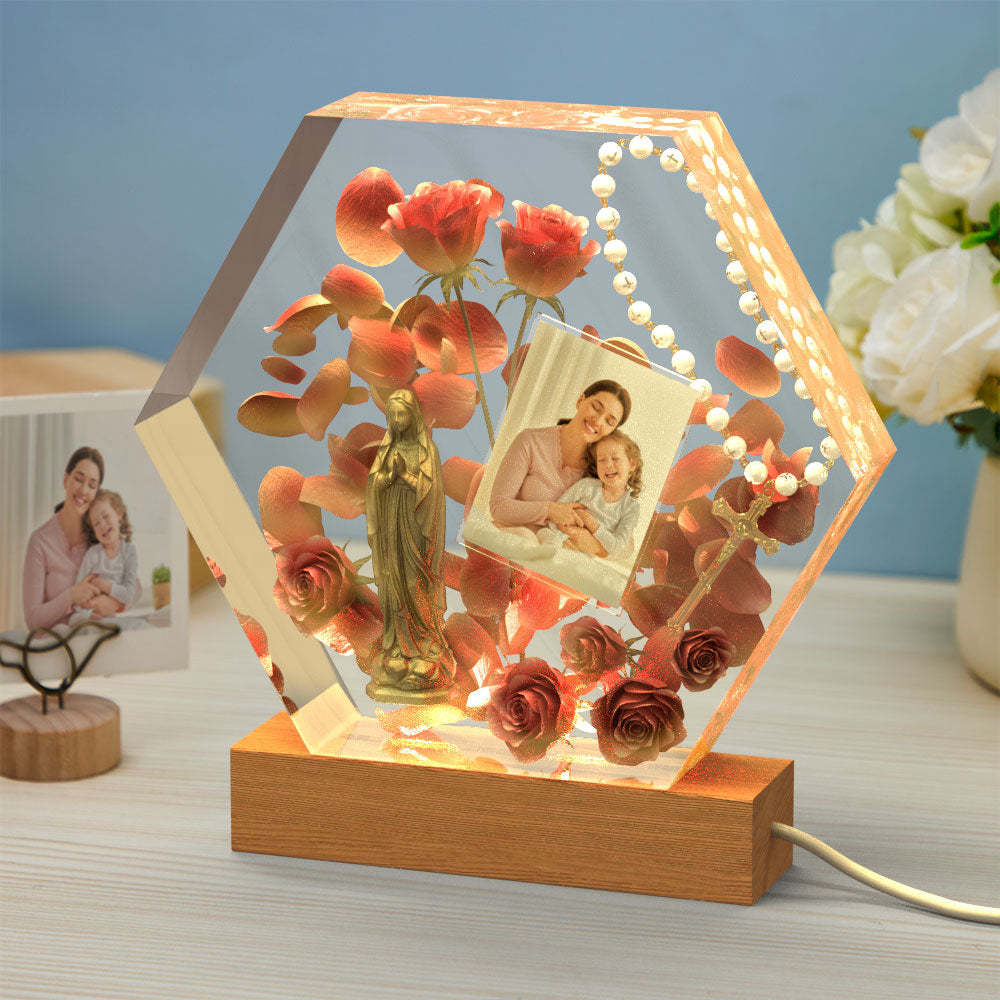 Cadeaux De Lampe Époxy Rose Tridimensionnelle De Veilleuse Photo Personnalisée - votrecollierprenomfr
