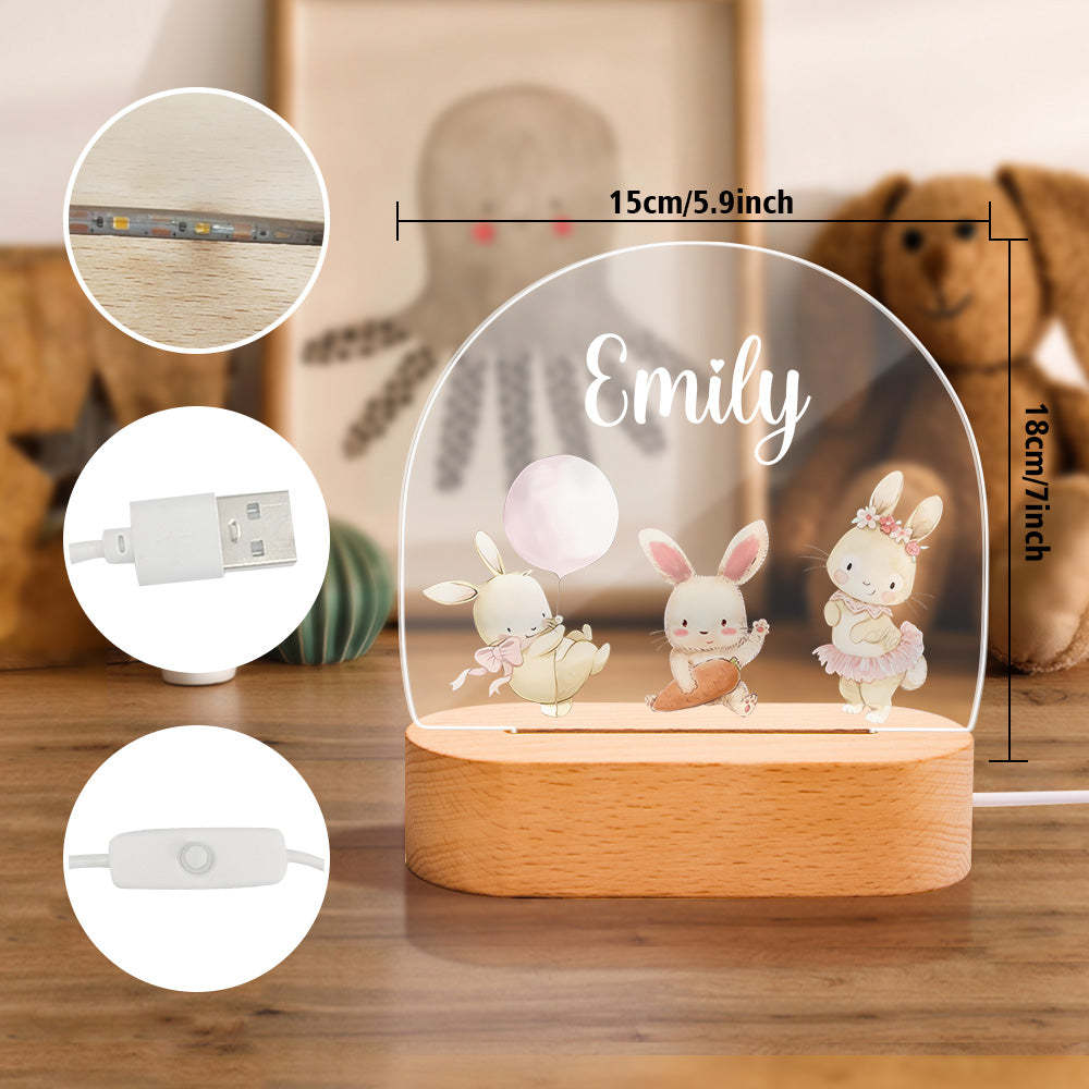 Nom Personnalisé Mignon Lapin Veilleuse Nom Personnalisé Chambre De Bébé Lampe Cadeau Pour Les Enfants - votrecollierprenomfr