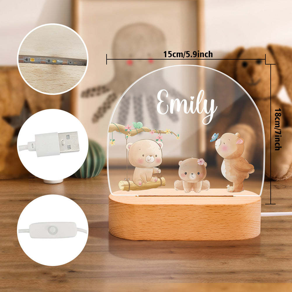 Nom Personnalisé Bébé Ours Veilleuse Nom Personnalisé Chambre De Bébé Lampe Cadeau Pour Les Enfants - votrecollierprenomfr