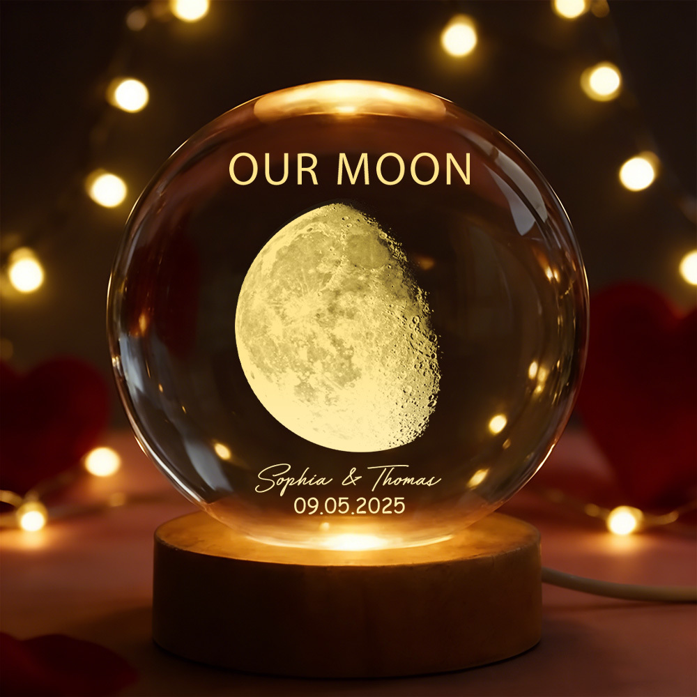 Veilleuse Led Boule De Cristal Personnalisée « notre Lune » Pour Une Journée Spéciale : Phase De Lune Personnalisée, Cadeau Romantique Pour Un Anniversaire Ou La Saint-valentin. - votrecollierprenomfr