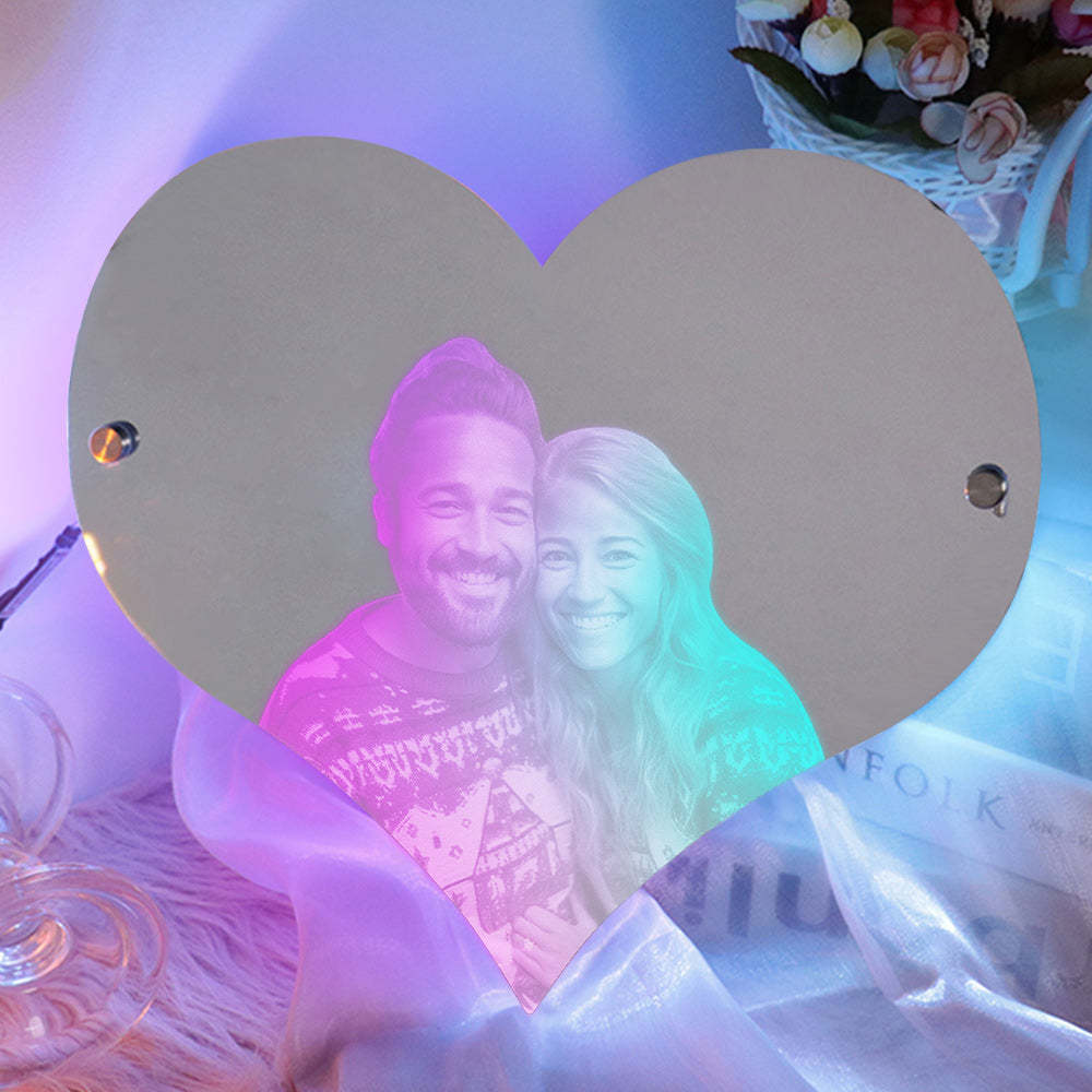Cadeau Personnalisé De Couple De Lumière De Miroir Mené Par Photo En Forme De Coeur - votrecollierprenomfr