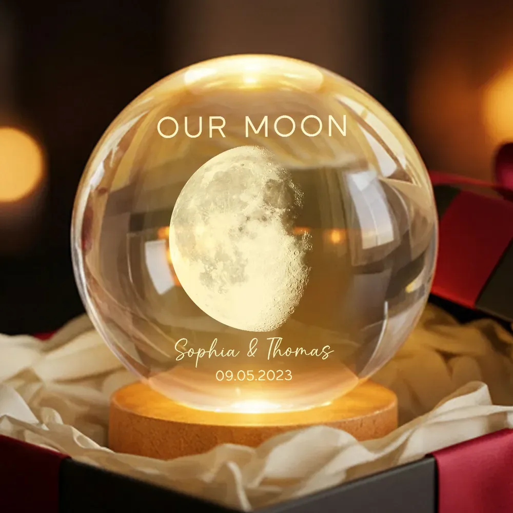 Veilleuse Led Boule De Cristal Personnalisée « notre Lune » Pour Une Journée Spéciale : Phase De Lune Personnalisée, Cadeau Romantique Pour Un Anniversaire Ou La Saint-valentin. - votrecollierprenomfr