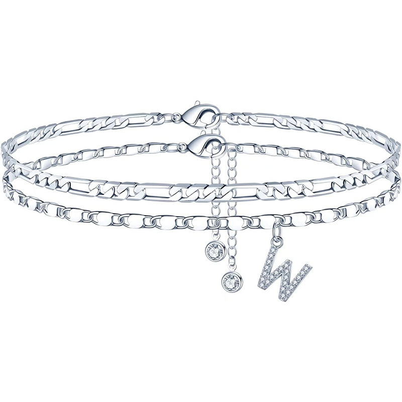 Bracelet De Cheville Double Chaîne Personnalisé Avec Initiale En Zircon Cubique – Bracelet De Cheville À Plusieurs Rangs Orné D'une Lettre Scintillante Pour Elle - votrecollierprenomfr
