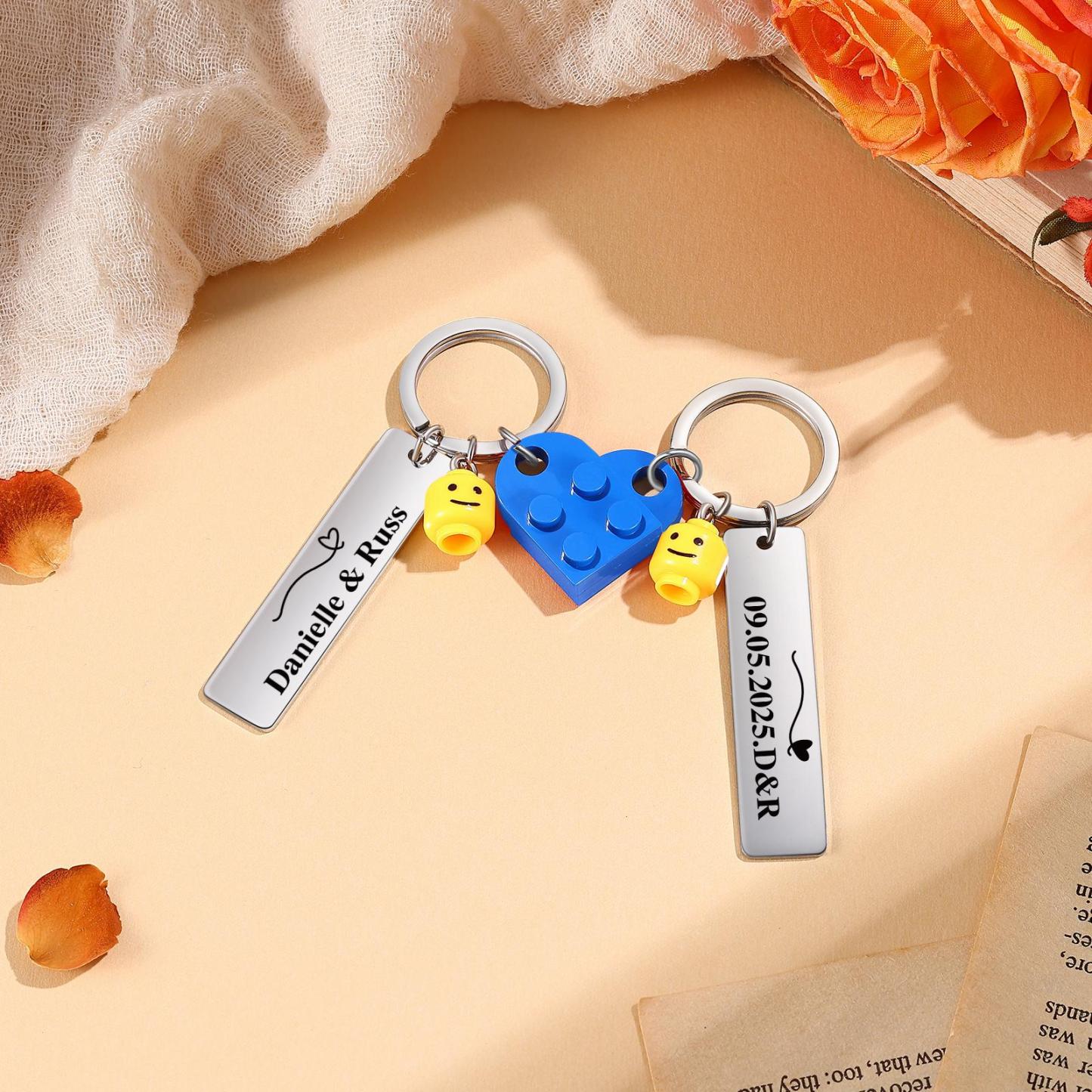 Porte-clés Cœur En Blocs De Construction Personnalisés, Porte-clés Couple Gravés, Porte-clés Puzzle Cœur Estampillé, Cadeaux De Saint-valentin - votrecollierprenomfr