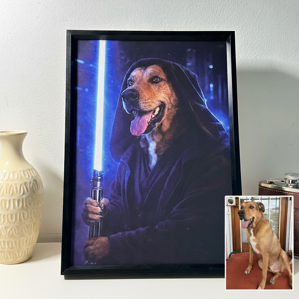 Cadre Photo Personnalisé Avec Sabre Laser, Héros Galactique Et Portrait D'animal De Compagnie : Cadeau Idéal Pour Les Amoureux Des Animaux. - votrecollierprenomfr
