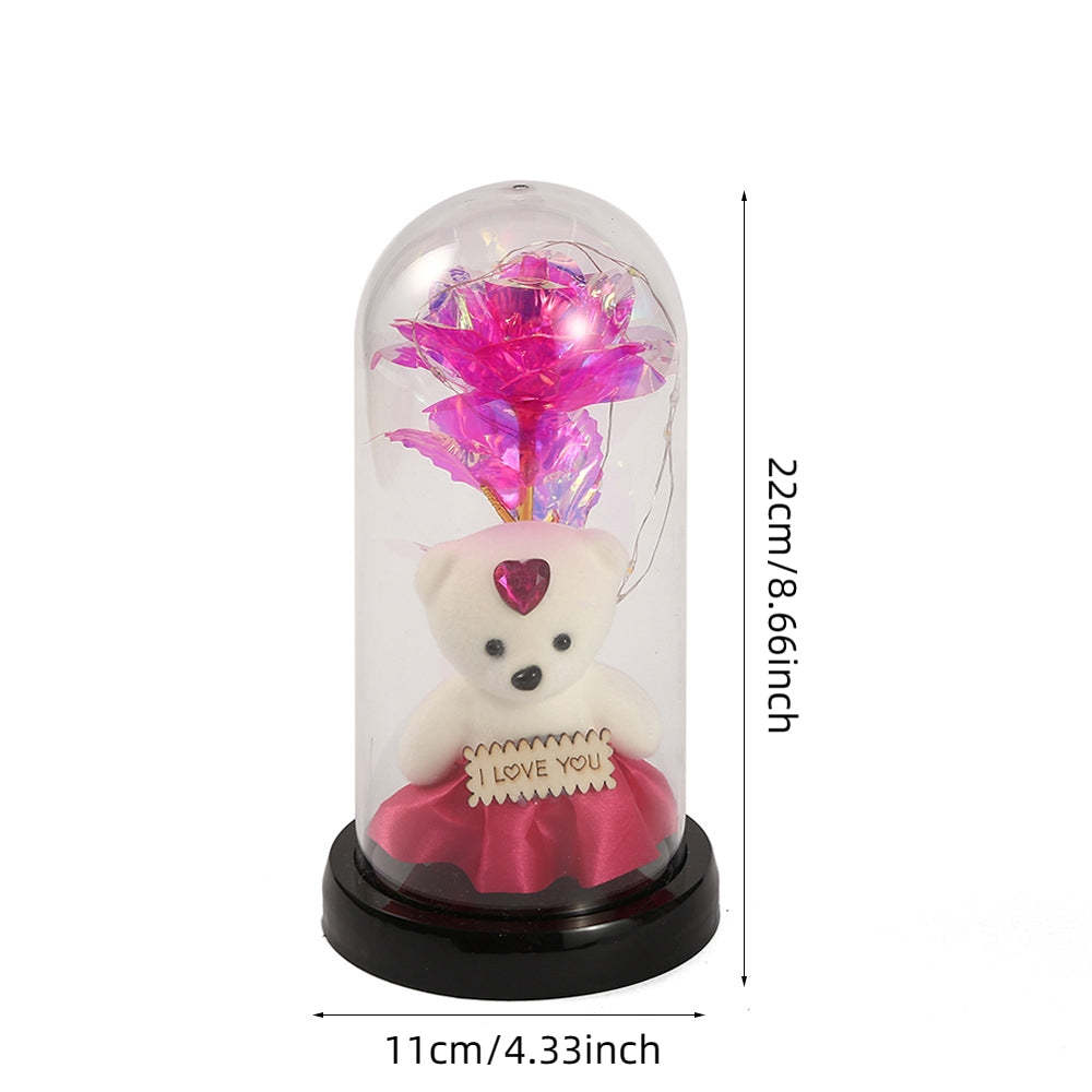 Simulation Romantique Rose Éternelle Fleur Ours Couvercle En Verre Led Veilleuse - votrecollierprenomfr