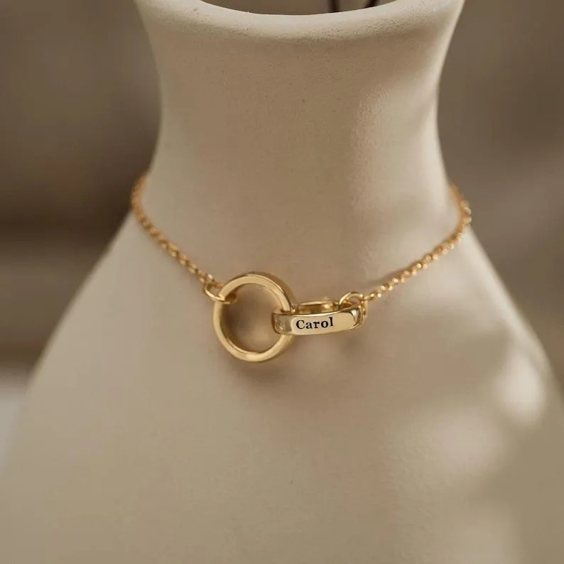 Bracelet Prénom Personnalisé Avec Cercle Gravé, Bracelet Entrelacé Avec Cercles, Bracelet Éternité À 2 Anneaux, Cadeau D'anniversaire - votrecollierprenomfr