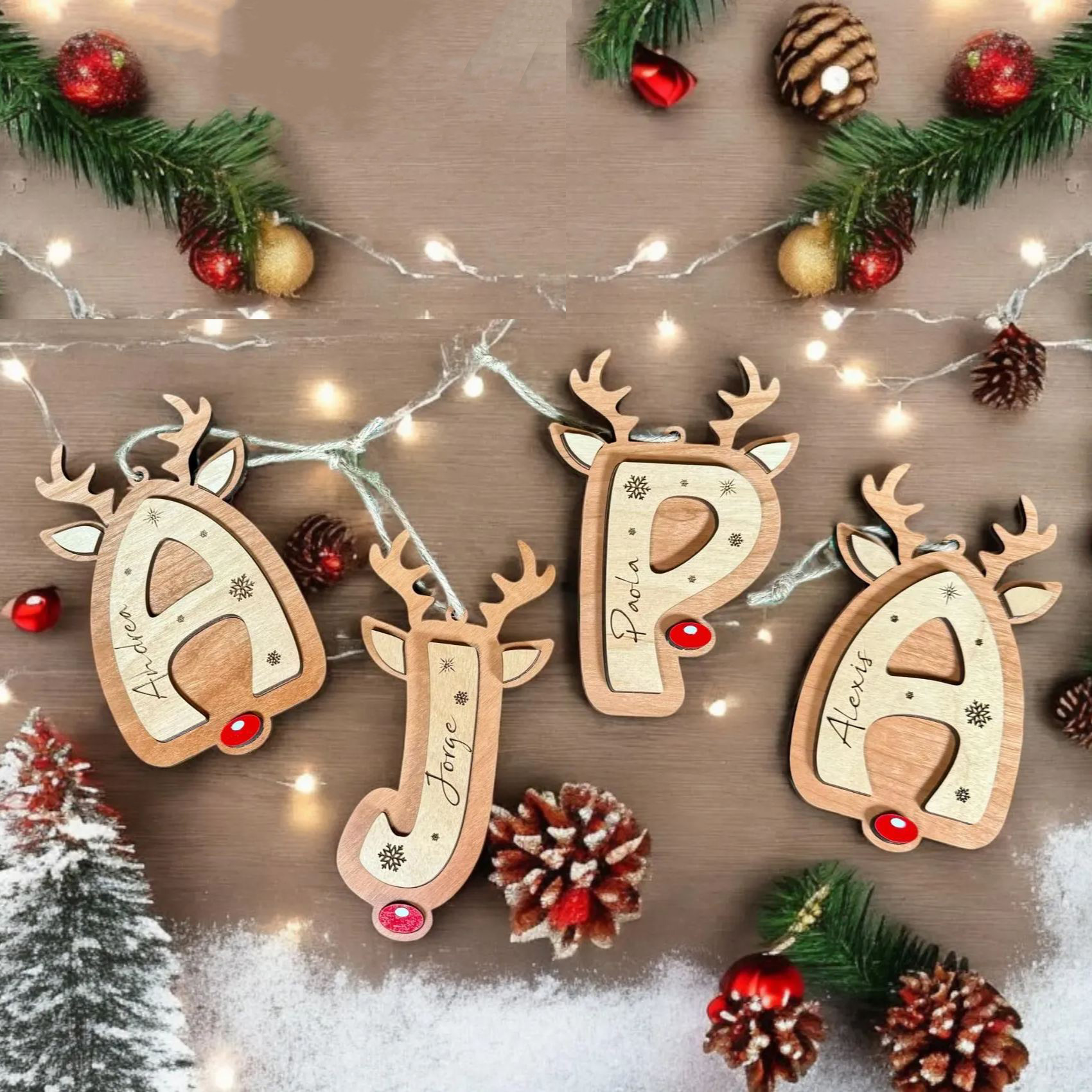 Ornement De Noël Personnalisé Avec Initiale Et Initiale, En Bois, Style Rétro, Représentant Un Renne.