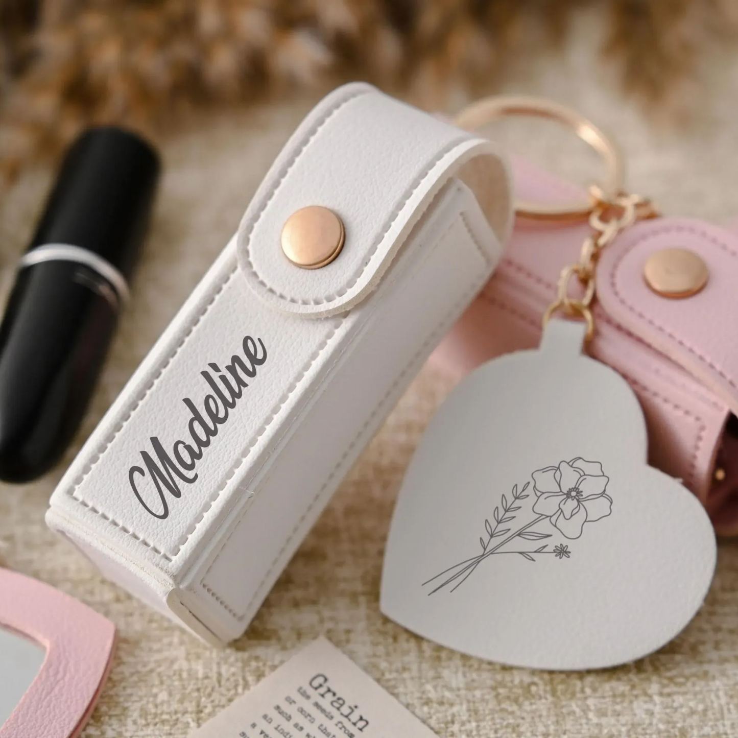 Pochette À Rouge À Lèvres Personnalisée Avec Porte-clés Et Nom Personnalisé, Étui À Rouge À Lèvres Anti-perte Avec Miroir, Cadeau Pour Elle - votrecollierprenomfr