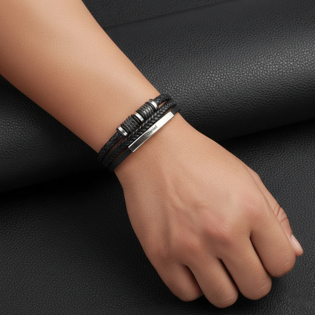 Bracelet En Cuir Personnalisé Pour Homme, Bracelet Avec Nom Personnalisé, Bracelet En Cuir Tressé, Bracelet En Cuir Multicouche, Cadeau De Saint-valentin Pour Lui - votrecollierprenomfr