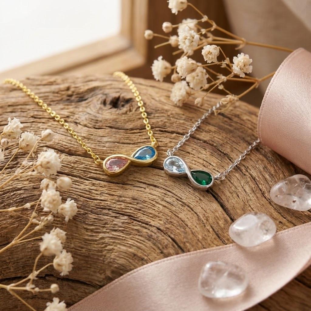Collier Infini Pierres De Naissance Personnalisé Avec Deux Pierres De Naissance - Cadeau Pour Couples - Saint-valentin - votrecollierprenomfr