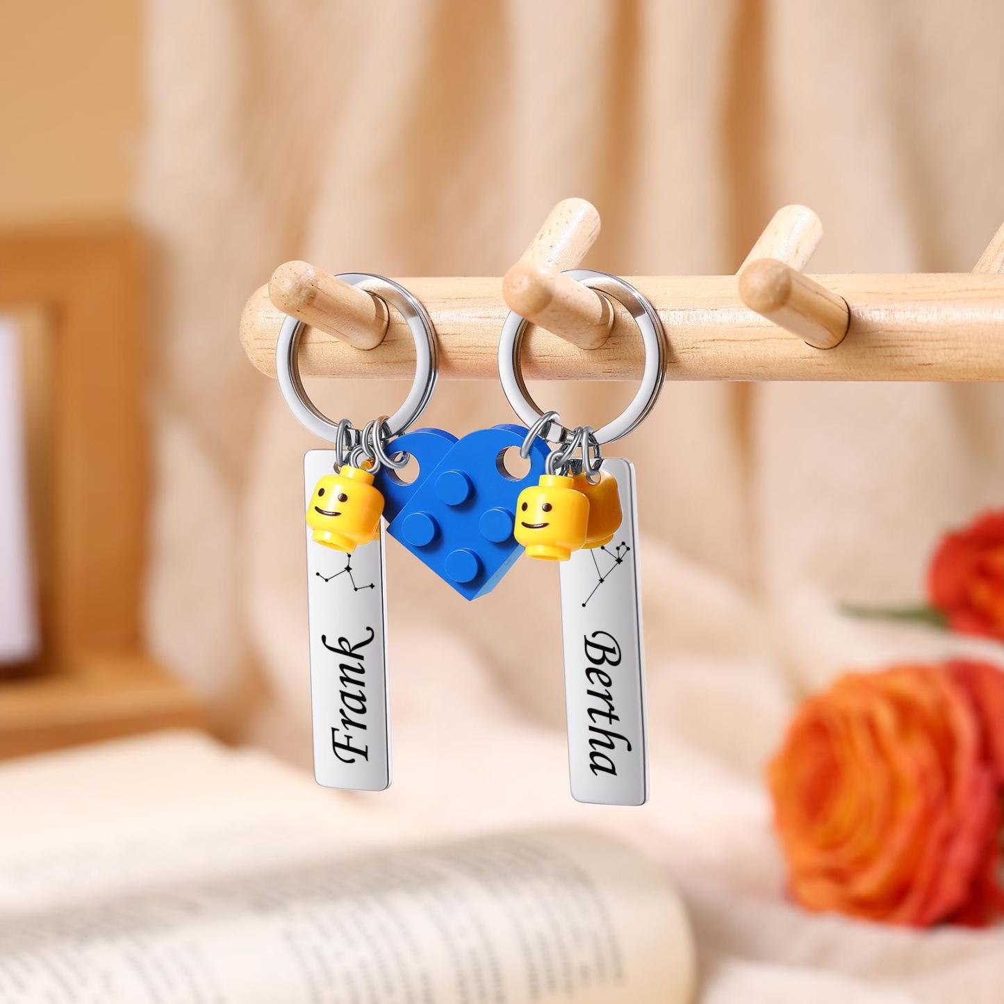 Porte-clés Cœur En Blocs De Construction Personnalisés, Porte-clés Couple Gravés, Porte-clés Puzzle Cœur Estampillé, Cadeaux De Saint-valentin - votrecollierprenomfr