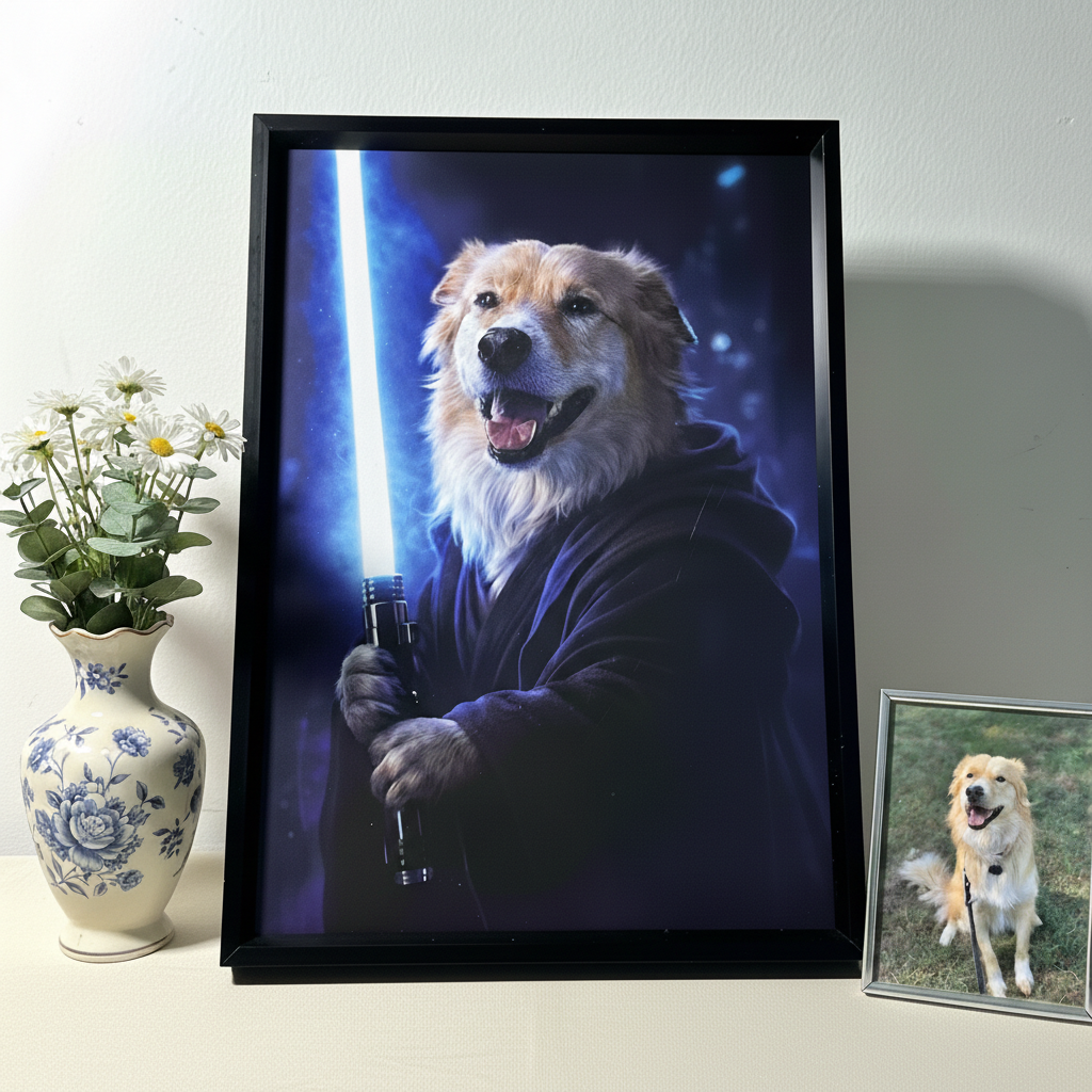 Cadre Photo Personnalisé Avec Sabre Laser, Héros Galactique Et Portrait D'animal De Compagnie : Cadeau Idéal Pour Les Amoureux Des Animaux. - votrecollierprenomfr