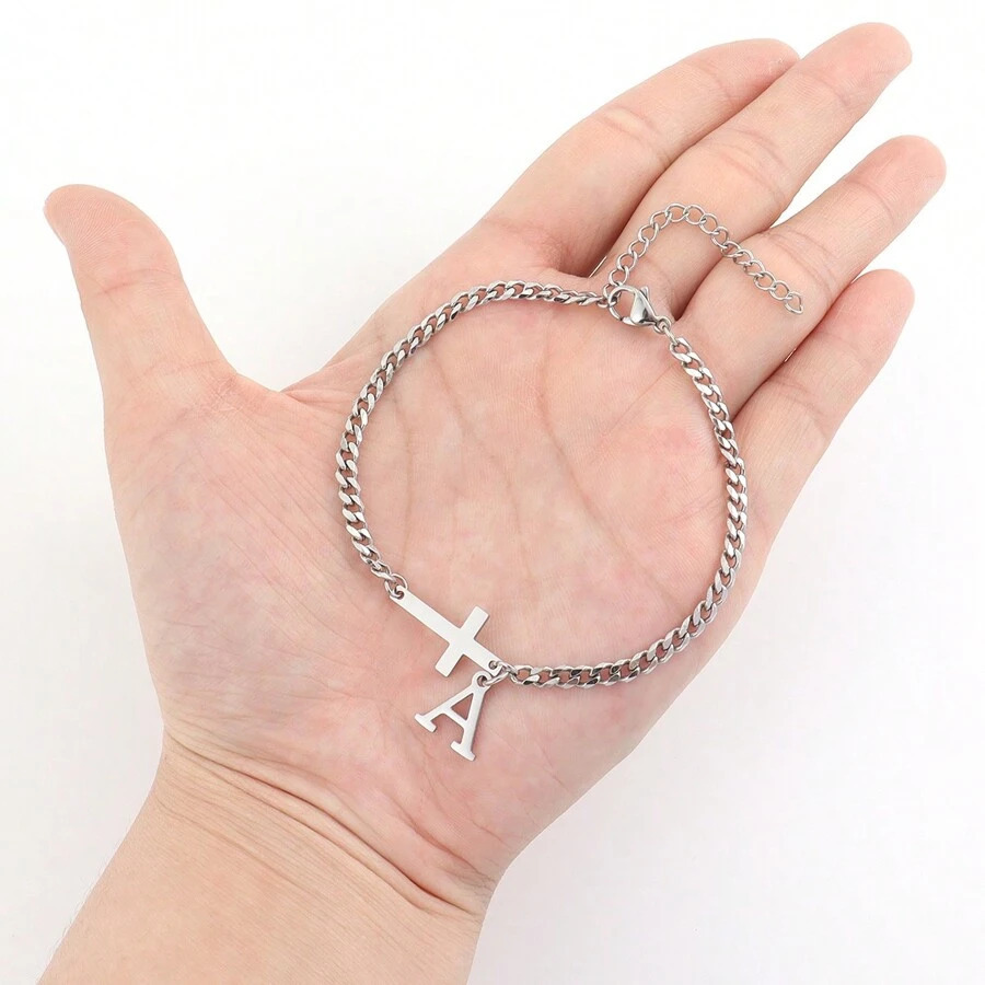 Bracelet Croix Latérale Personnalisé Avec Breloque Initiale, Bracelet Lettre Personnalisée, Chaîne En Acier Inoxydable À Maillons Croisés, Cadeau De Saint-valentin - votrecollierprenomfr