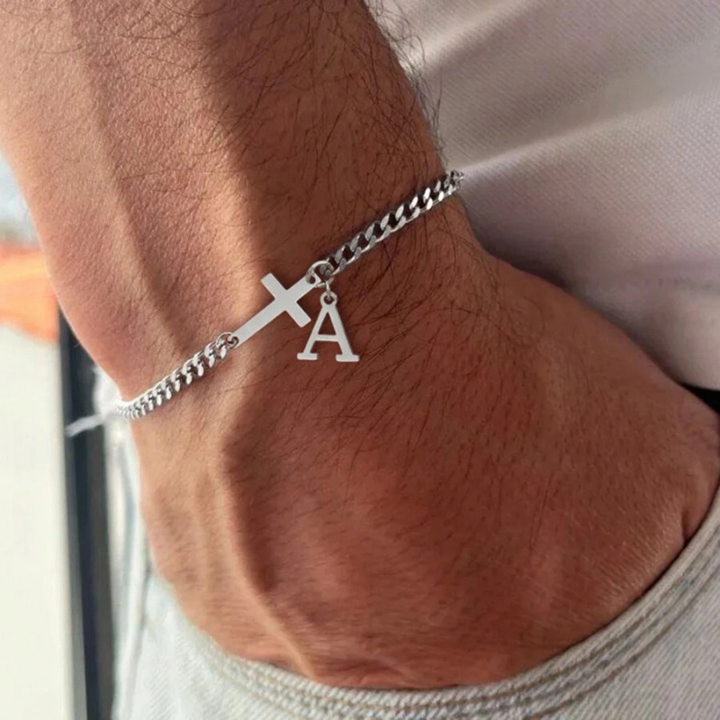 Bracelet Croix Latérale Personnalisé Avec Breloque Initiale, Bracelet Lettre Personnalisée, Chaîne En Acier Inoxydable À Maillons Croisés, Cadeau De Saint-valentin - votrecollierprenomfr