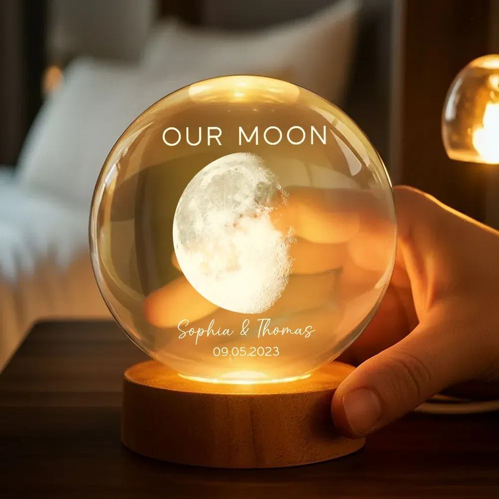 Veilleuse Led Boule De Cristal Personnalisée « notre Lune » Pour Une Journée Spéciale : Phase De Lune Personnalisée, Cadeau Romantique Pour Un Anniversaire Ou La Saint-valentin. - votrecollierprenomfr