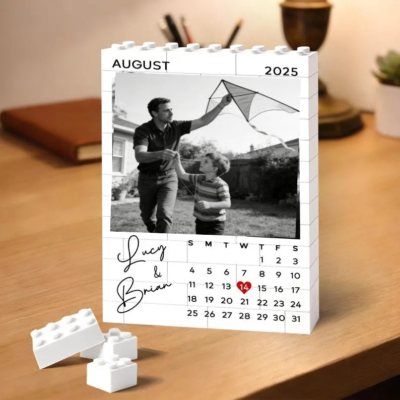 Multi-Photo Grid Brick Puzzle with Script Names & Date – Personalized B&W Building Block Collage Gift