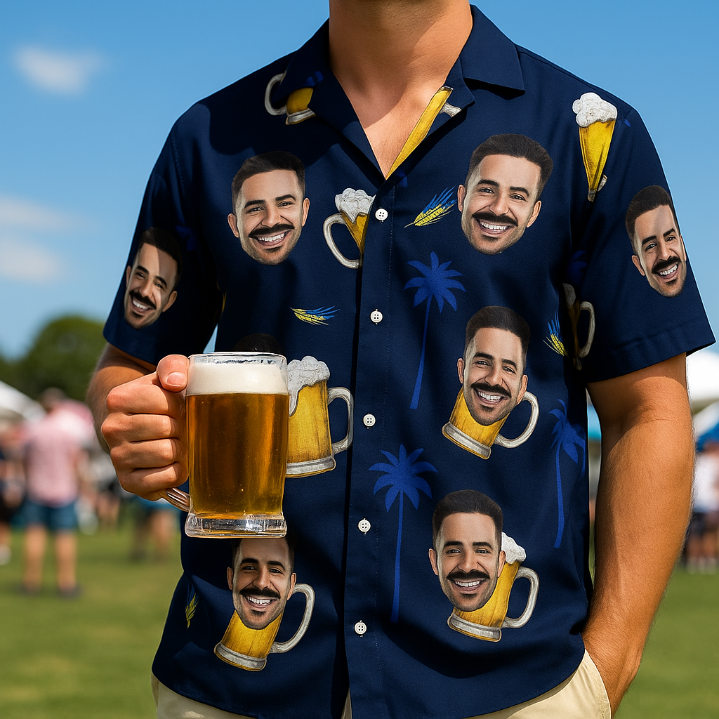 Custom Face Hawaiian Shirt Navy Blue with Beer Design Funny Vacation Style Men Shirt