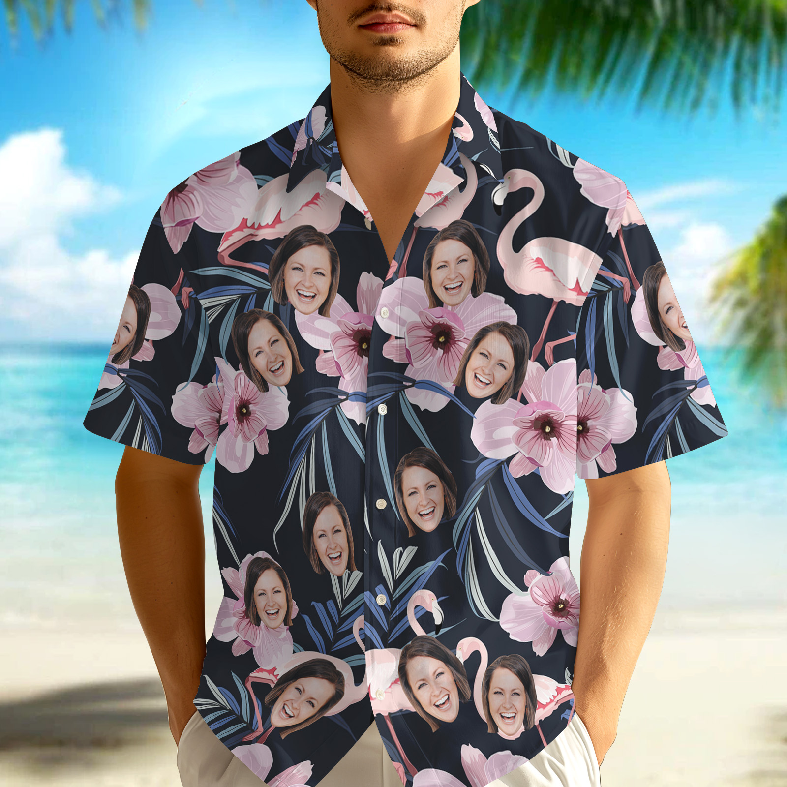 Custom Face Pink Flower Hawaiian Shirt Personalized Pink Flamingo Pattern Hawaiian Shirt Gift For Him