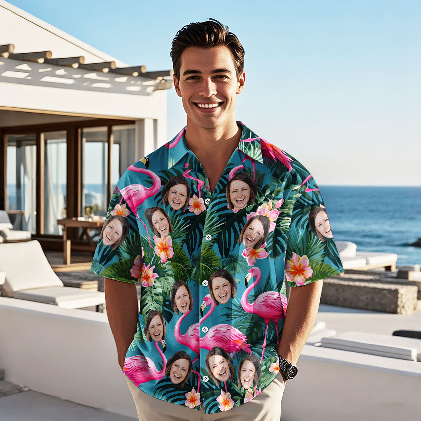 Custom Face Hawaiian Shirt Personalized Pink Flamingo Pattern Hawaiian Shirt Father's Day Gift