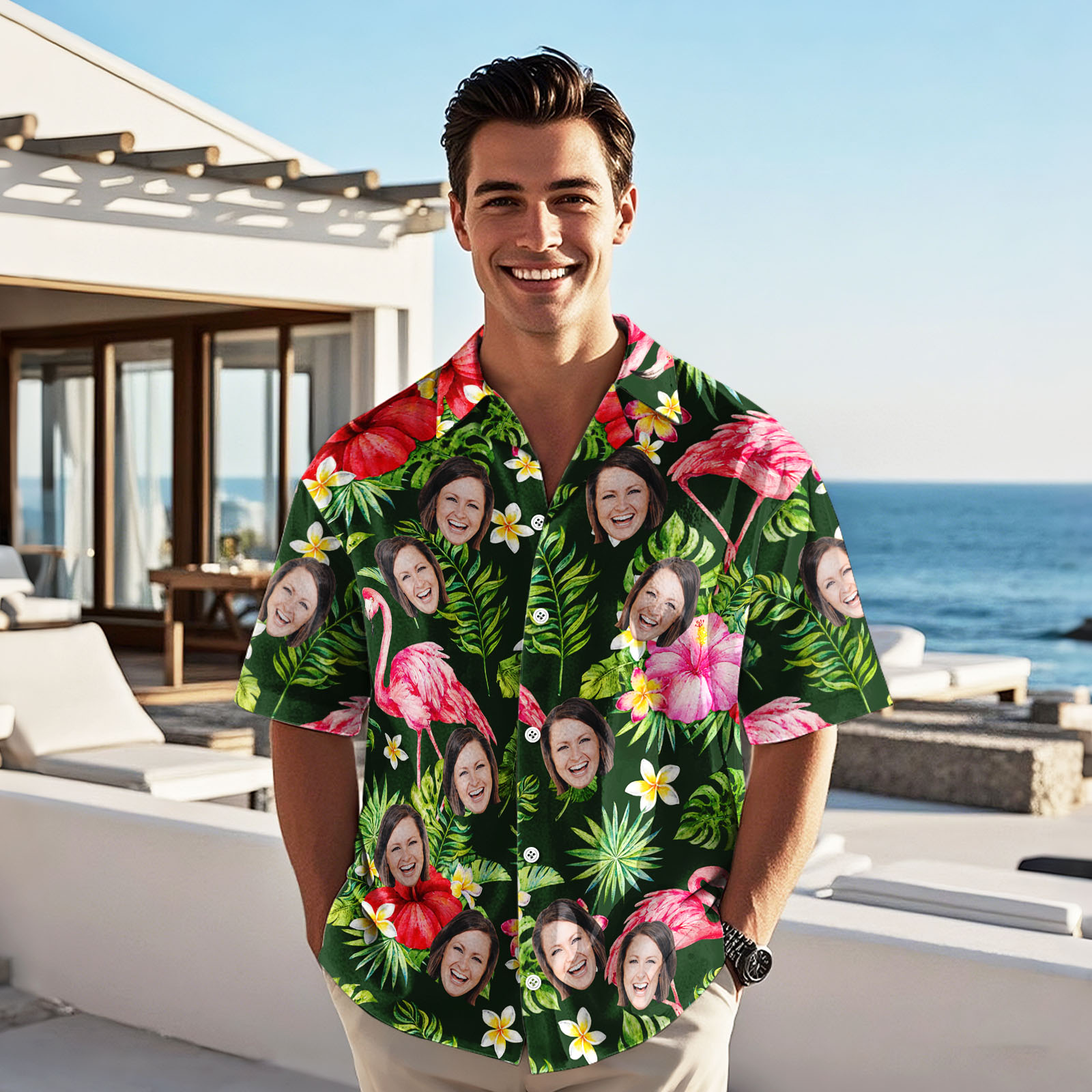 Custom Face Green Leaves Hawaiian Shirt Personalized Pink Flamingo Pattern Hawaiian Shirt Gift For Him