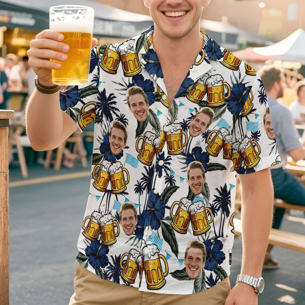 Custom Face Beer Mug & Hibiscus Tropical Shirt Personalized Party Shirt for Beer Lovers, BBQs, and Beach Vacations