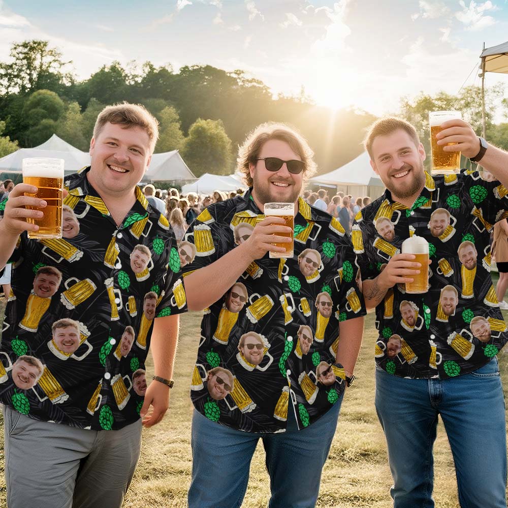 Custom Face Beer & Hops Black Hawaiian Shirt – Funny Drinking Shirt for Men, Oktoberfest, Pub Crawl, or Vacation Outfit