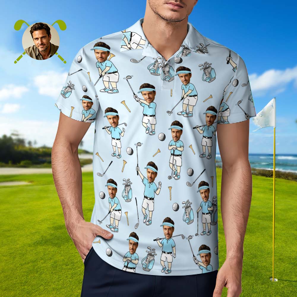 Custom Face Golf Polo Shirt for Men, Funny Cartoon Golfer Shirt, Matching Golf Team Polo, Summer Golf Shirt, Personalized Golf Lover Gift