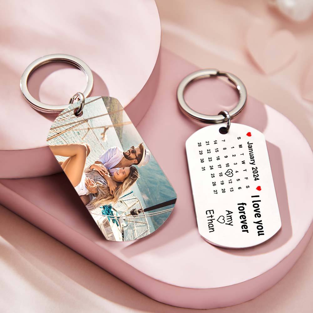 Custom Photo Forever Love Calendar Keychain Personalized Stainless Steel Keychain Gift for Lover
